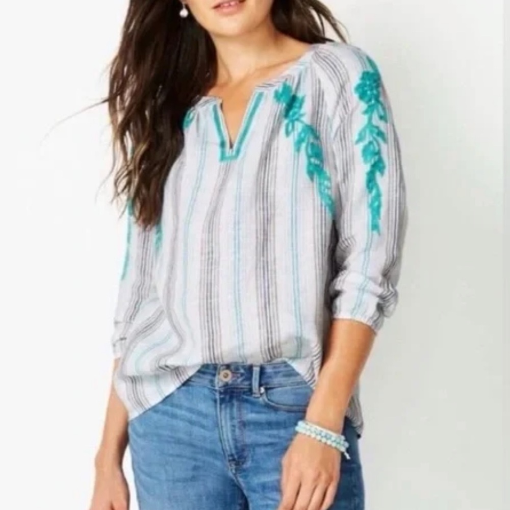 J. Jill Blue & White Striped Embroidered 3/4 Sleeve Linen Tunic Blouse